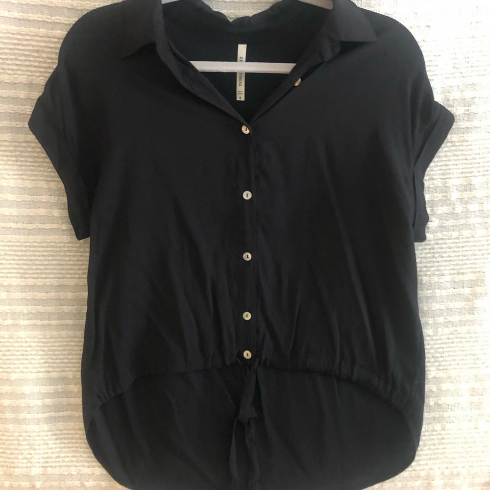 Black short sleeve button up with drawstring